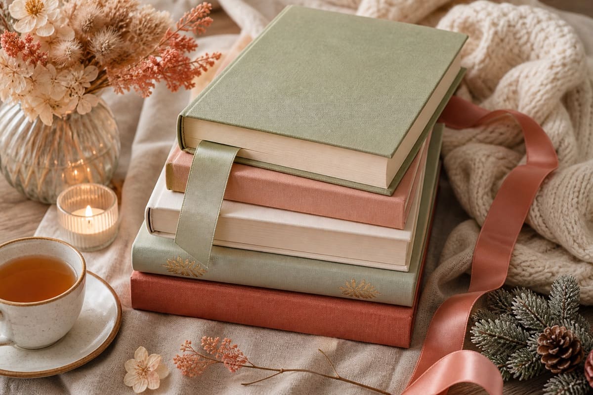 A small stack of books with tea, bookmark, and soft flowers for 10 Books to Gift your Girlfriend on Christmas.