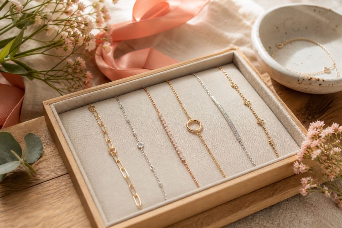 Stacked bracelets arranged beside a small keepsake dish and ribboned fabric for 10 Bracelets To Gift Your Girlfriend.