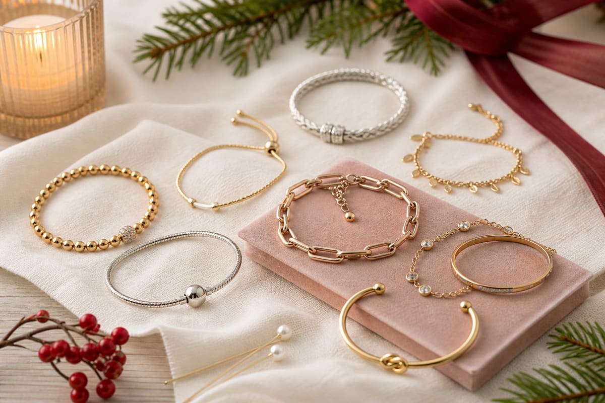 Stacked bracelets arranged beside a small keepsake dish and ribboned fabric for 10 Bracelets to Gift your Girlfriend on Christmas.