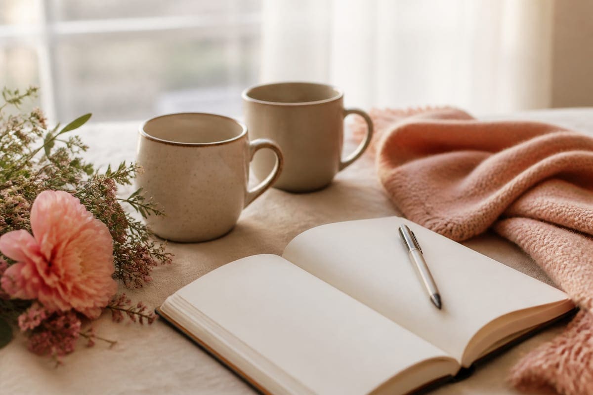 A warm relationship-care scene with two mugs, a journal, flowers, and soft evening light for 10 Characteristics Of A Truly Amazing Girlfriend.