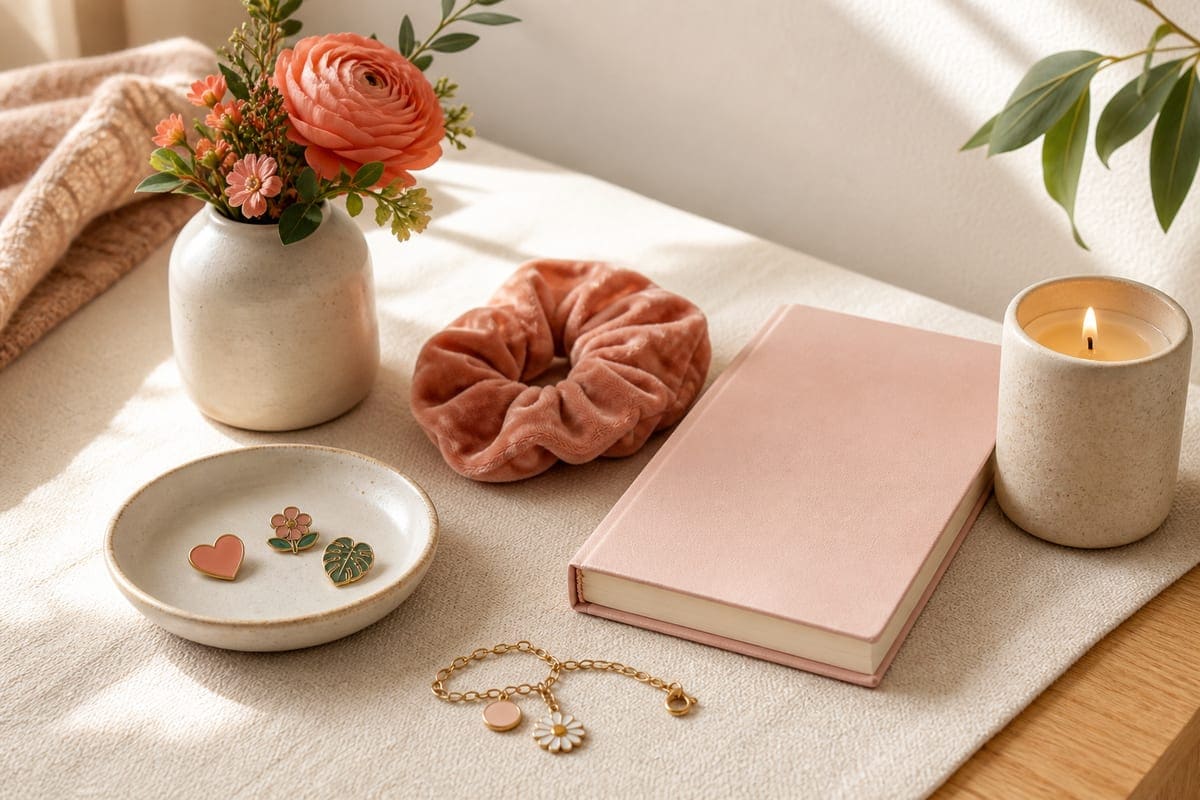 A playful refined desk vignette with an enamel pin dish, plush scrunchie, tiny vase, pastel journal, and soft flowers for 10 Cute Gifts For Your Girlfriend.