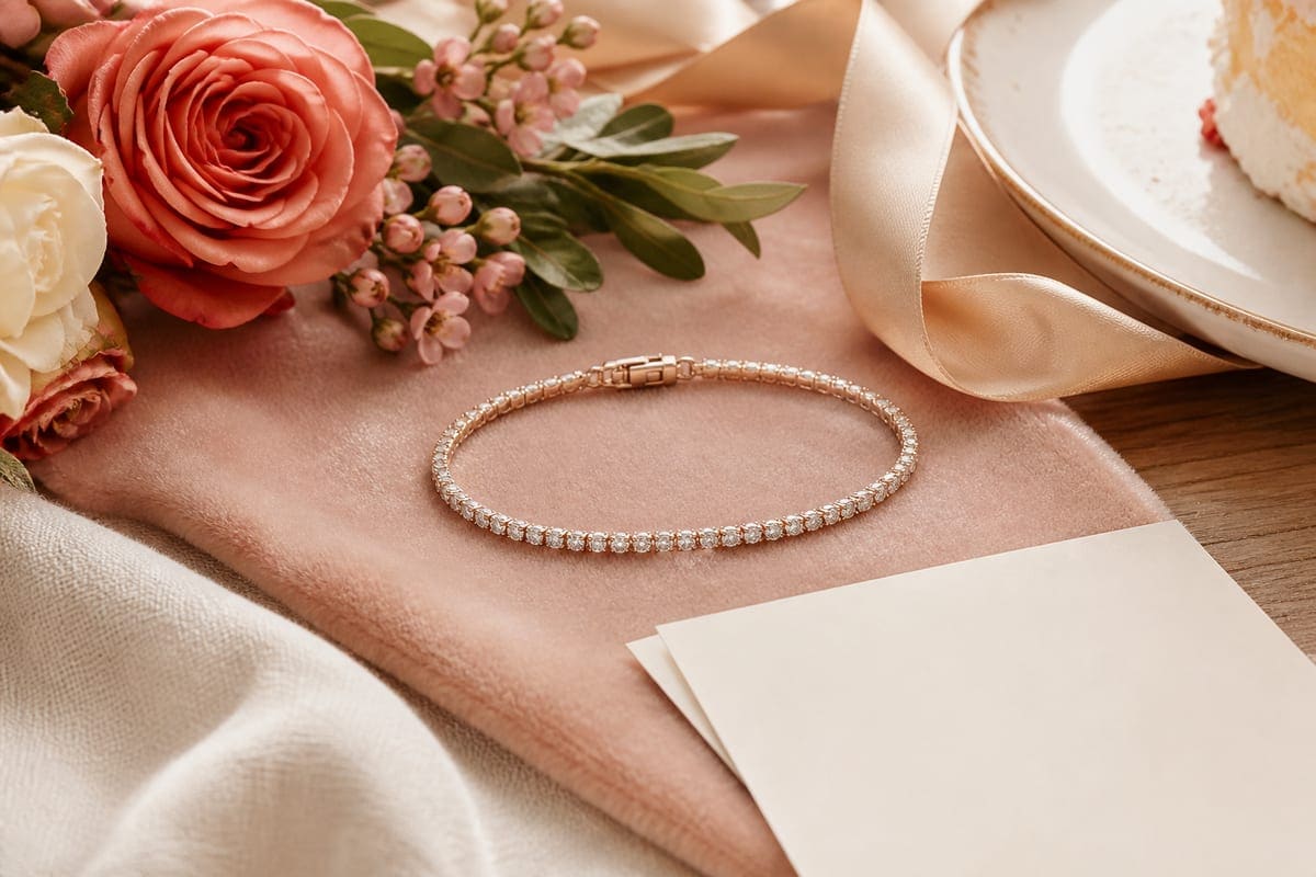 Stacked bracelets arranged beside a small keepsake dish and ribboned fabric for 10 Diamond Bracelet To Gift Your Girlfriend On Her Birthday.