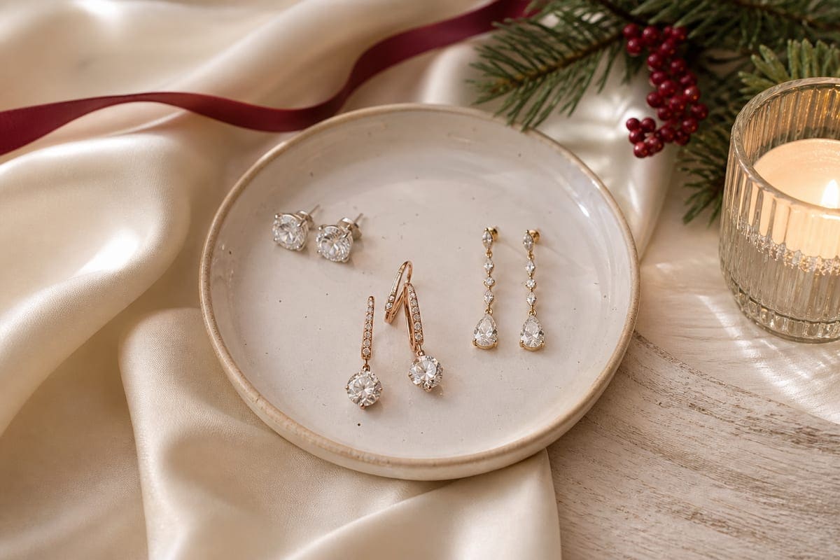 Elegant earrings displayed on folded linen with a jewelry tray and soft blush flowers for 10 Diamond Earrings to Gift your Girlfriend on Christmas.