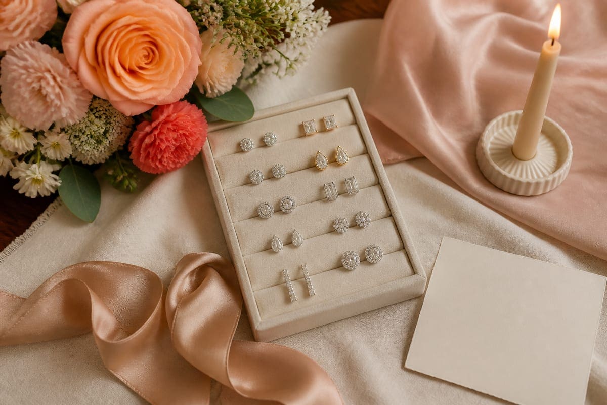 Elegant earrings displayed on folded linen with a jewelry tray and soft blush flowers for 10 Diamond Earrings To Gift Your Girlfriend On Her Birthday.