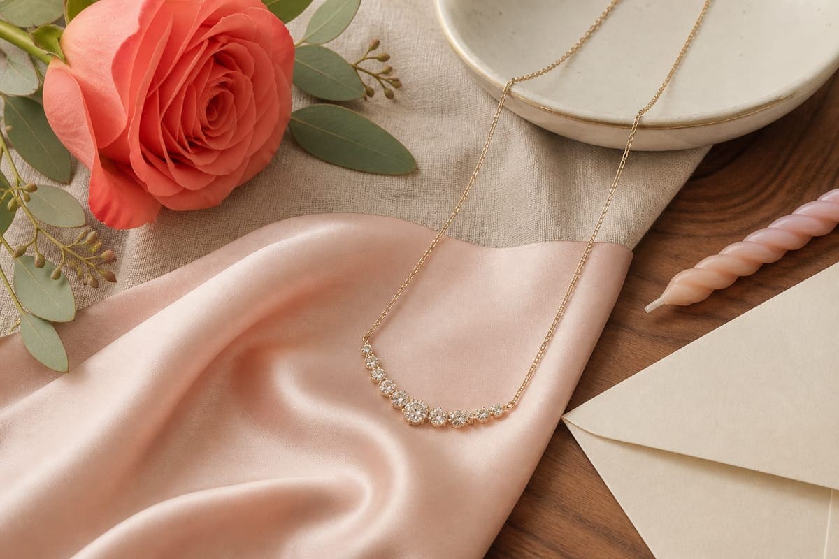 A necklace arranged on warm linen with a ceramic dish and a single flower stem for 10 Diamond Necklace to Gift Your Girlfriend on Her Birthday.