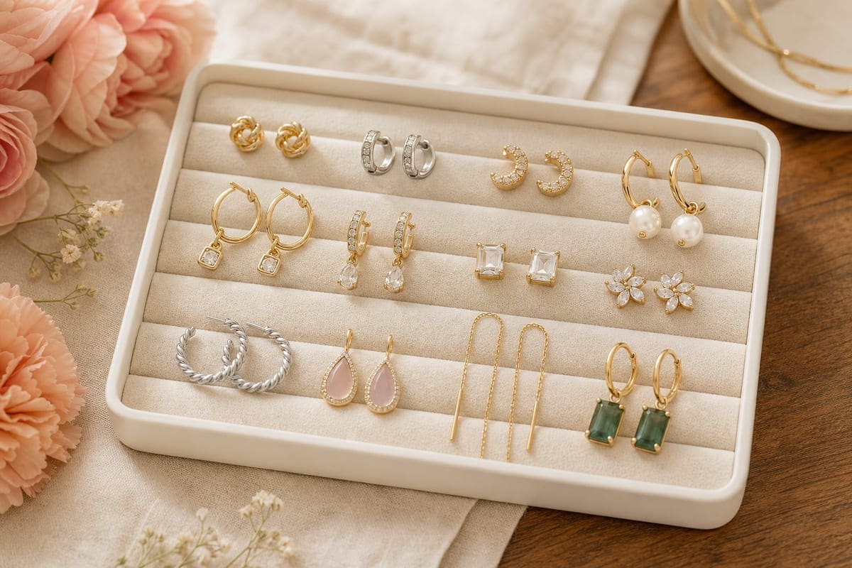 Elegant earrings displayed on folded linen with a jewelry tray and soft blush flowers for 10 Earrings Your Girlfriend Actually Wants.
