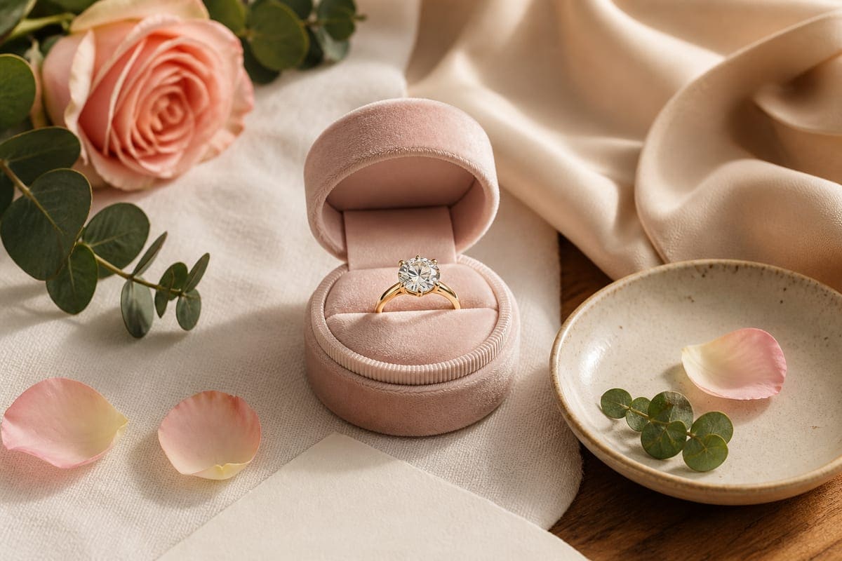 A delicate engagement ring in an open velvet ring box beside a blank ivory card, champagne silk, and small flowers for 10 Engagement Ring For When You Propose To Your Girl.