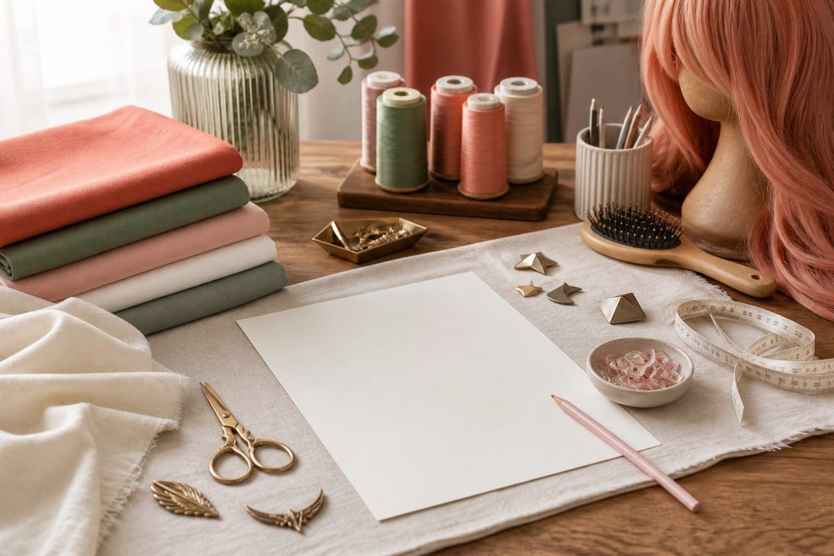 Cosplay maker supplies with fabric swatches, wig brush, sewing notions, and prop sketch shapes without text for 10 GIFT IDEAS FOR COSPLAY LOVING GIRLFRIEND.