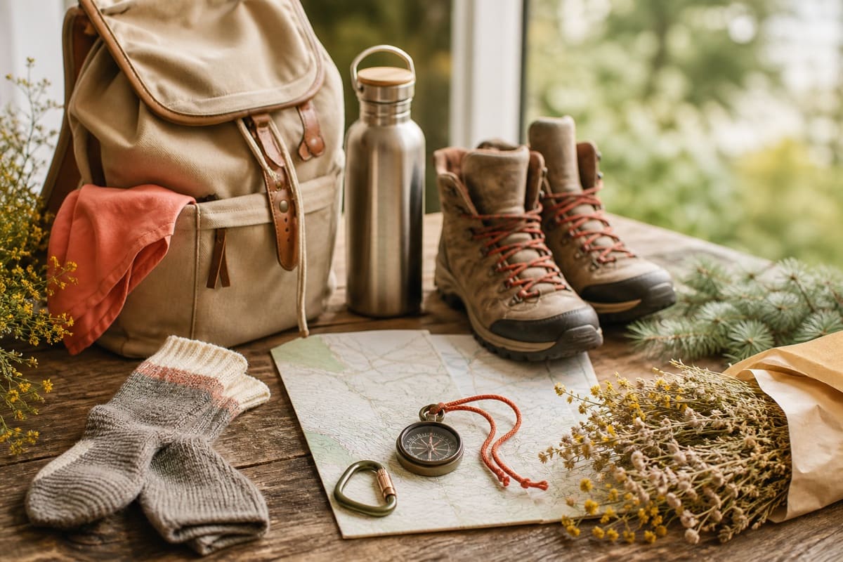 Travel and outdoor essentials with a map, compact bag, and natural greenery for 10 Gift Ideas If Your Girlfirend Loves Hiking.
