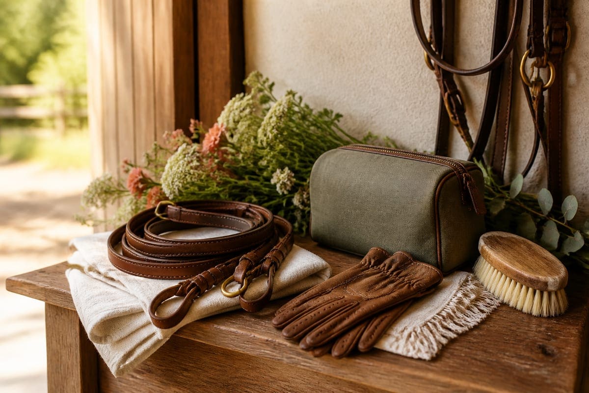 Equestrian-inspired accessories with leather reins, grooming brush, and wildflowers for 10 Gift Ideas If Your Girlfriend Likes Horses.