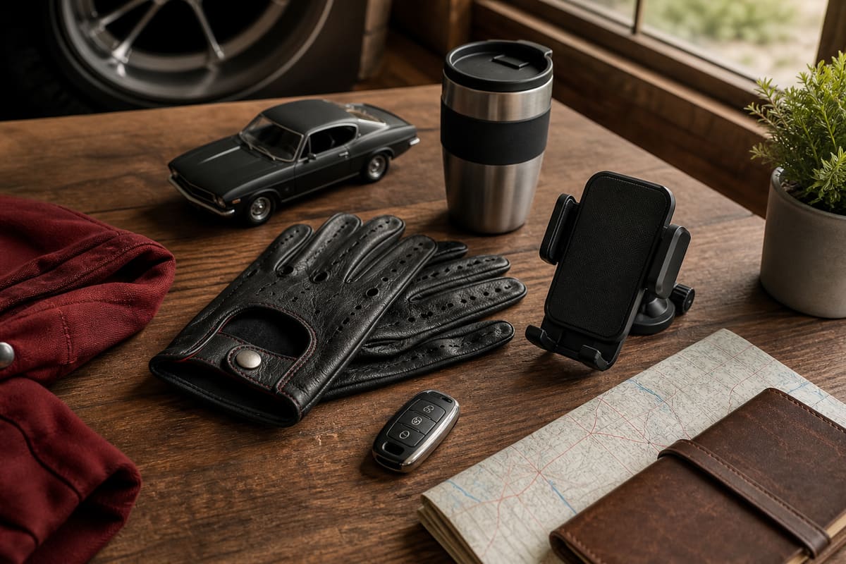 Car enthusiast gift accessories with leather driving gloves, key fob, model car, travel mug, phone mount, and folded road map.