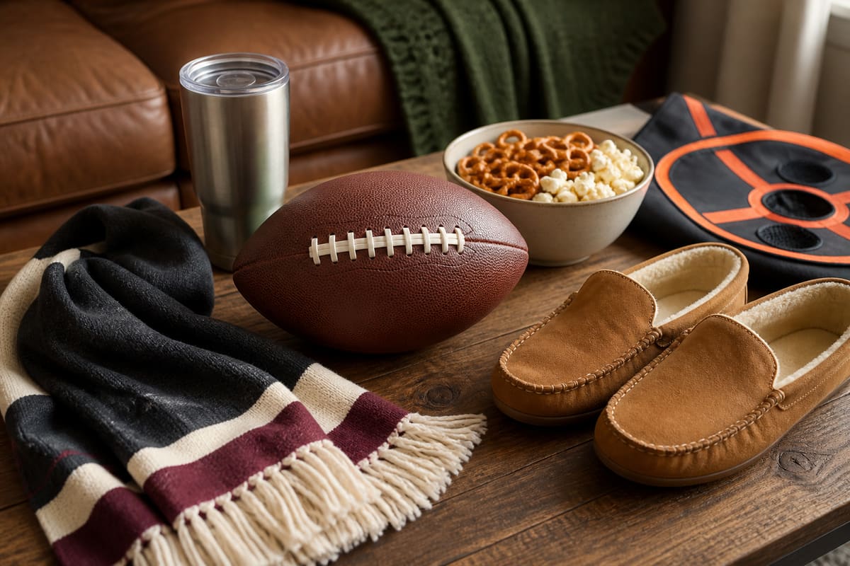 Football game-day gift setup with a leather football, scarf, slippers, tumbler, snack bowl, and training target.