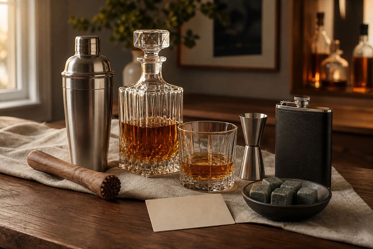 Home bar gift accessories with cocktail shaker, decanter, lowball glass, jigger, flask, whiskey stones, and blank gift card.