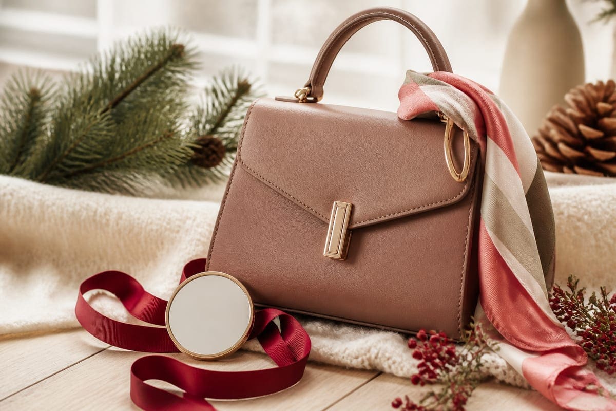 Unbranded handbags and purses arranged with a small notebook, keys, scarf, and folded fabric for 10 Handbags to Gift your Girlfriend on Christmas.