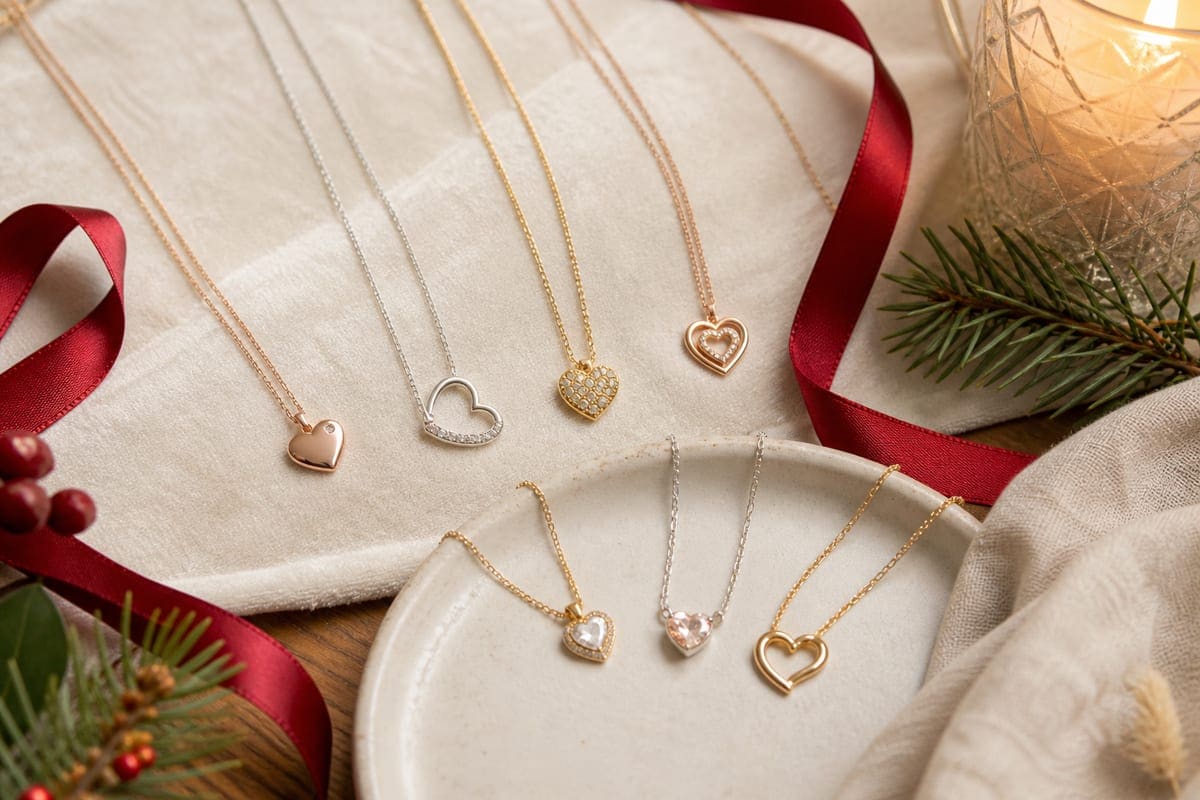 A necklace arranged on warm linen with a ceramic dish and a single flower stem for 10 Heart-Shaped Necklaces to Gift your Girlfriend on Christmas.