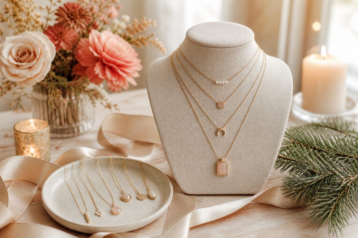 A necklace arranged on warm linen with a ceramic dish and a single flower stem for 10 Necklaces to Gift your Girlfriend on Christmas.