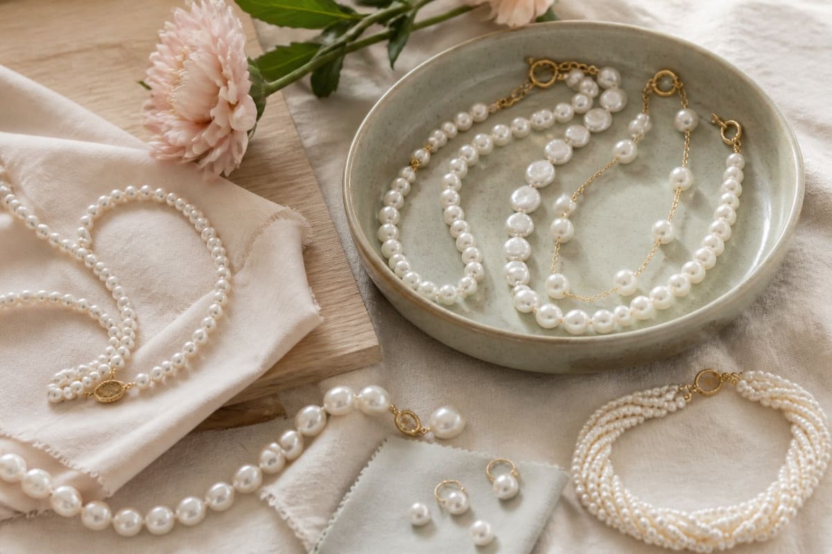 A necklace arranged on warm linen with a ceramic dish and a single flower stem for 10 Pearl Necklaces Every Women Desires.