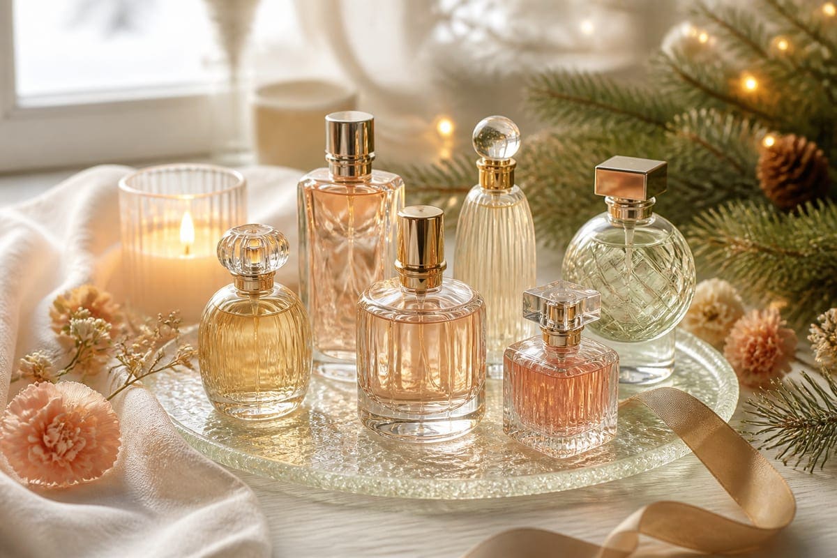Minimal perfume bottles without labels beside flowers and soft fabric for 10 Perfumes to Gift your Girlfriend on Christmas.