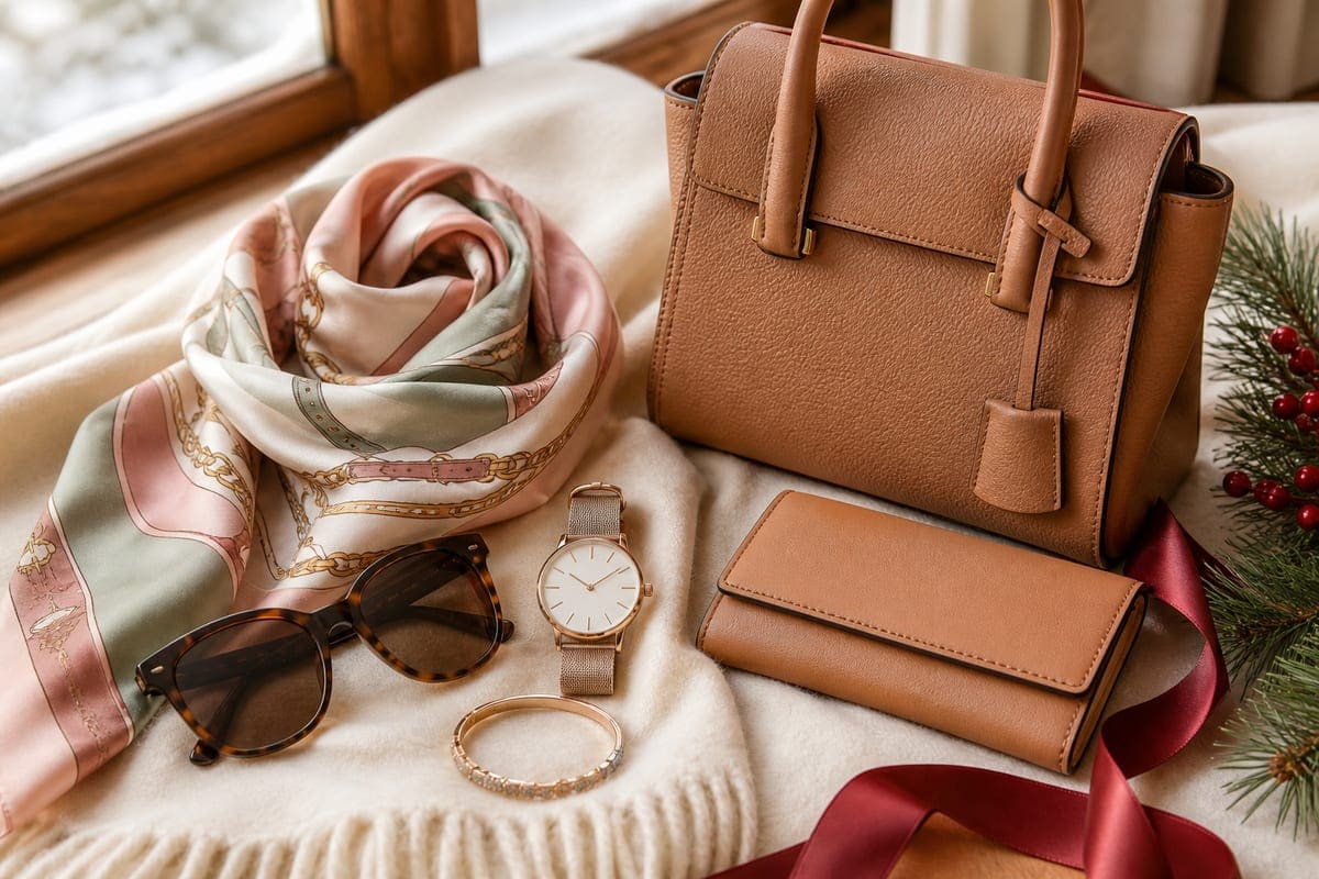 Stylish fashion accessories arranged like a magazine flat lay for 10 Things from Michael kors to Gift your Girlfriend on Christmas.