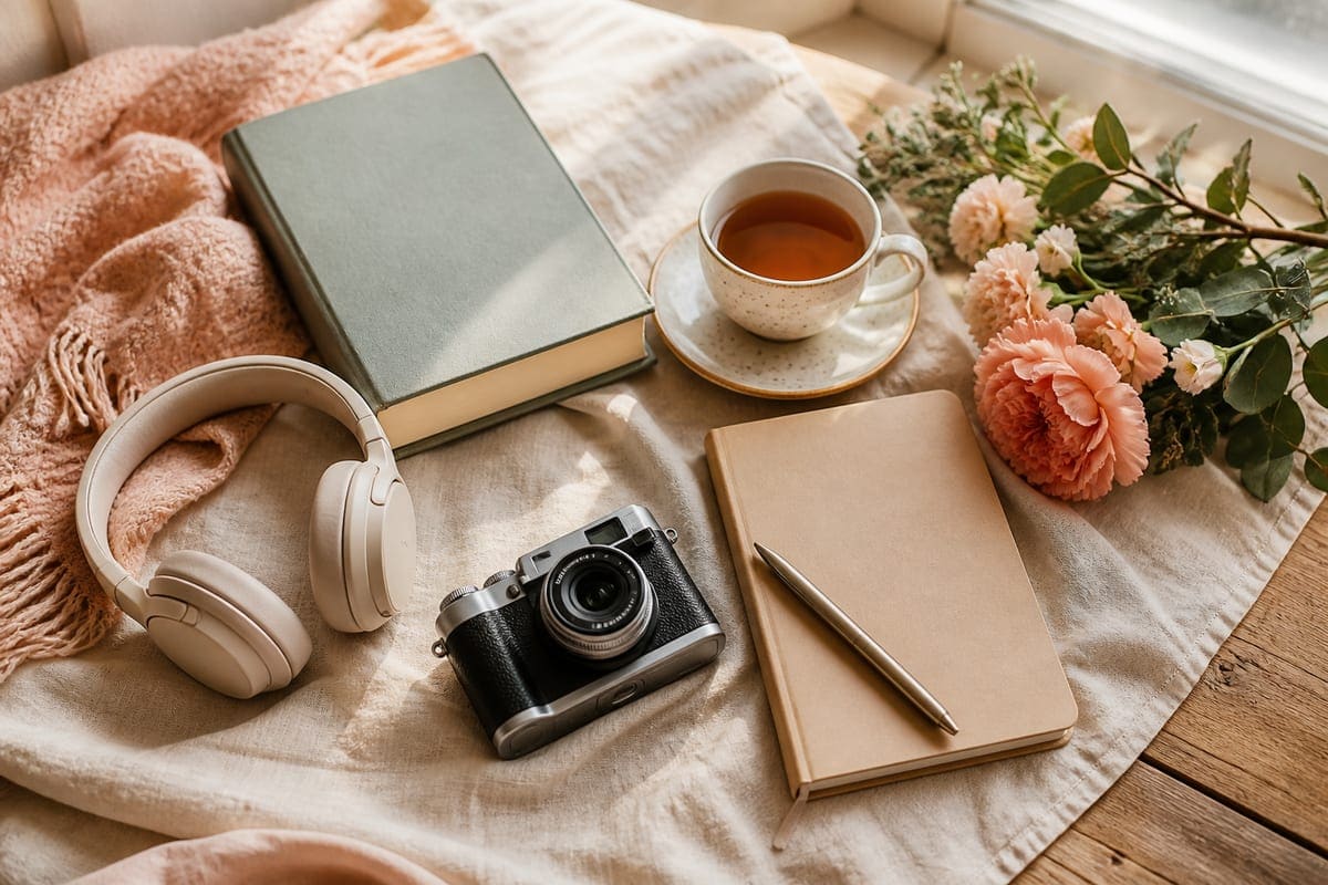 A cozy activity collage with a blank-cover book, headphones without logos, a camera without brand marks, a travel notebook, tea, and flowers for 10 Things Your Girlfriend Loves To Do.