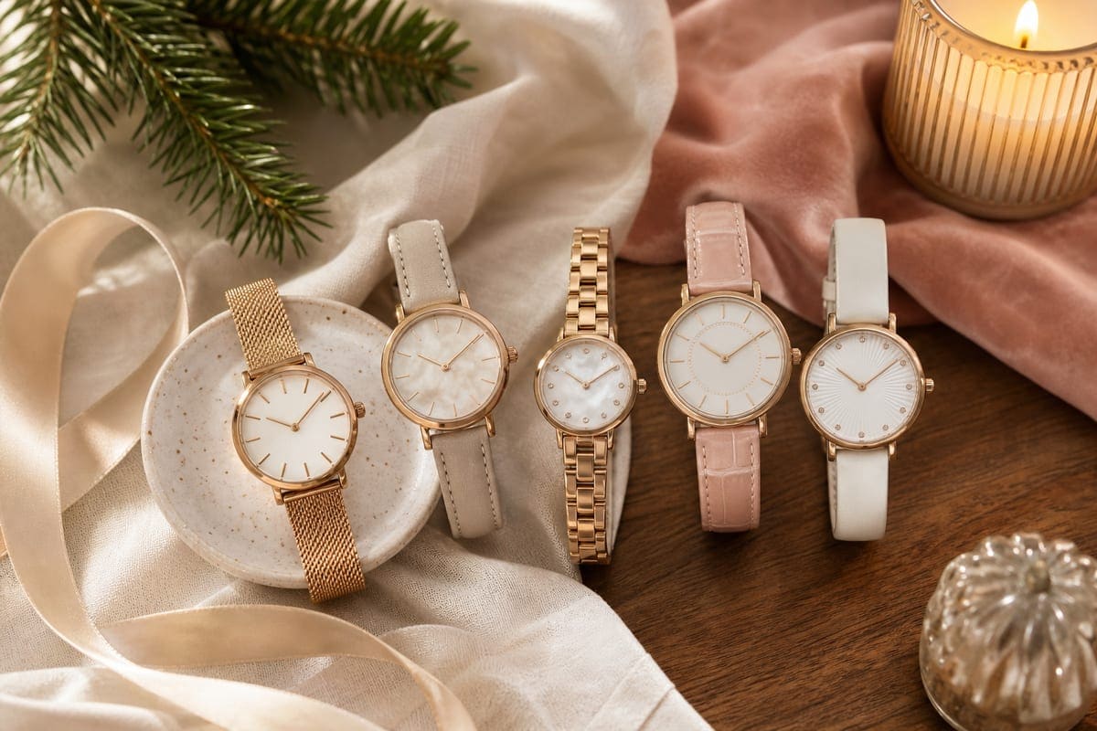 A refined watch on leather and linen with a small notebook and warm wood texture for 10 Watches to Gift your Girlfriend on Christmas.