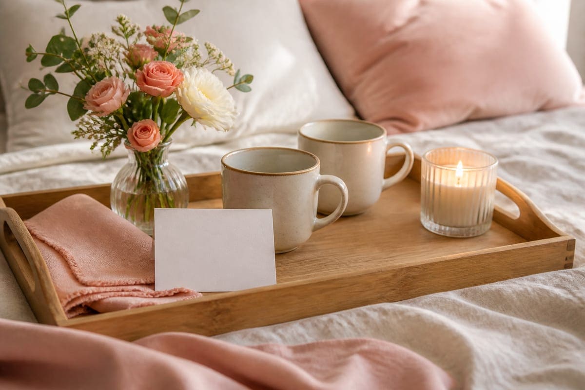 A warm relationship-care scene with two mugs, a journal, flowers, and soft evening light for 10 Ways On How To Treat Your Girlfriend.