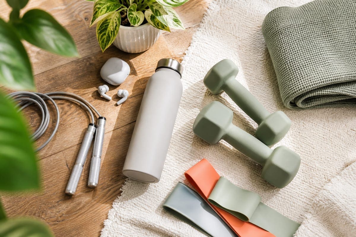 Wellness accessories with a yoga mat, water bottle, towel, and small plant for 12 Gift Ideas For Your Fitness Fanatic Girlfriend.