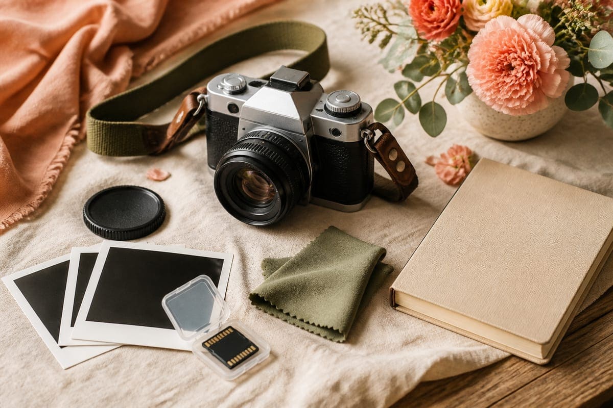 Camera accessories, photo prints without visible faces, a strap, and a small notebook for 12 Gift Ideas for your Girlfriend Who Loves Photograph.