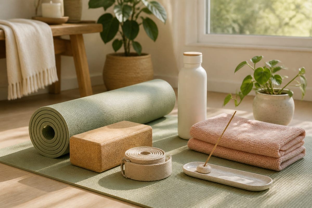 Wellness accessories with a yoga mat, water bottle, towel, and small plant for 12 Gift Ideas If Your Girlfriend Is Into Yoga.