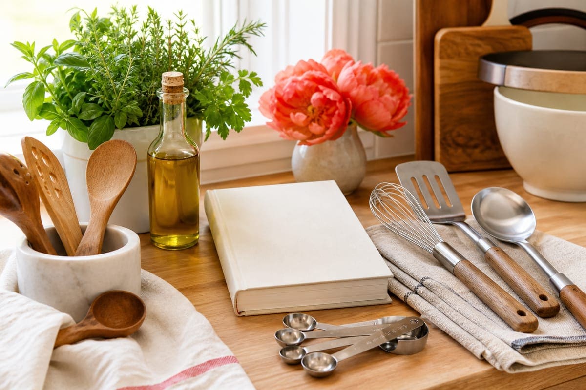 Useful kitchen tools, herbs, cookbook, and linen towel on a bright counter for 12 Useful Gift Ideas If Your Girlfriend Loves To Cook.