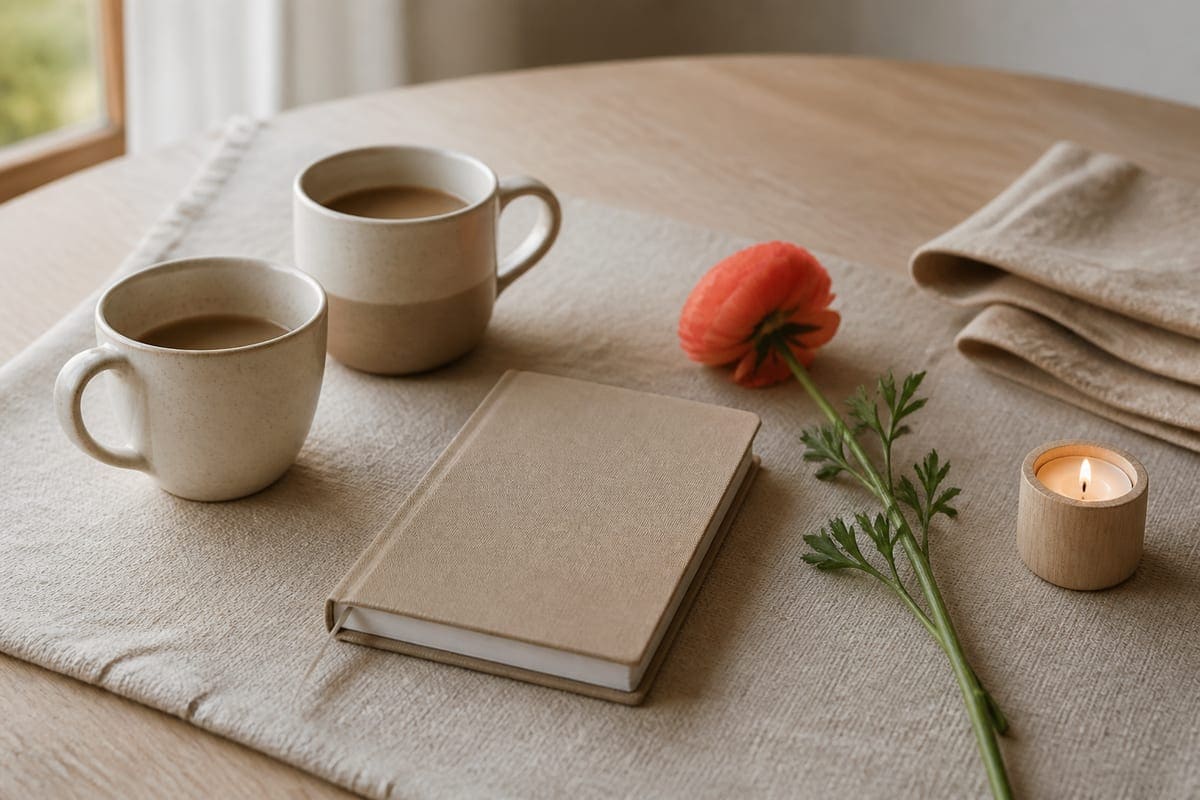 A warm relationship-care scene with two mugs, a journal, flowers, and soft evening light for 13 Signs That You Have A Great Girlfriend.