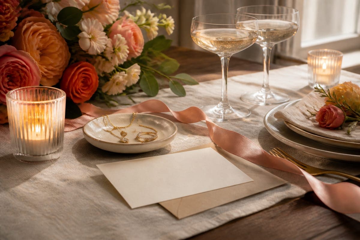 Occasion-themed thoughtful items arranged with flowers, stationery, and elegant wrapping details for 15 Anniversary Gift Ideas For Your Girlfriend.
