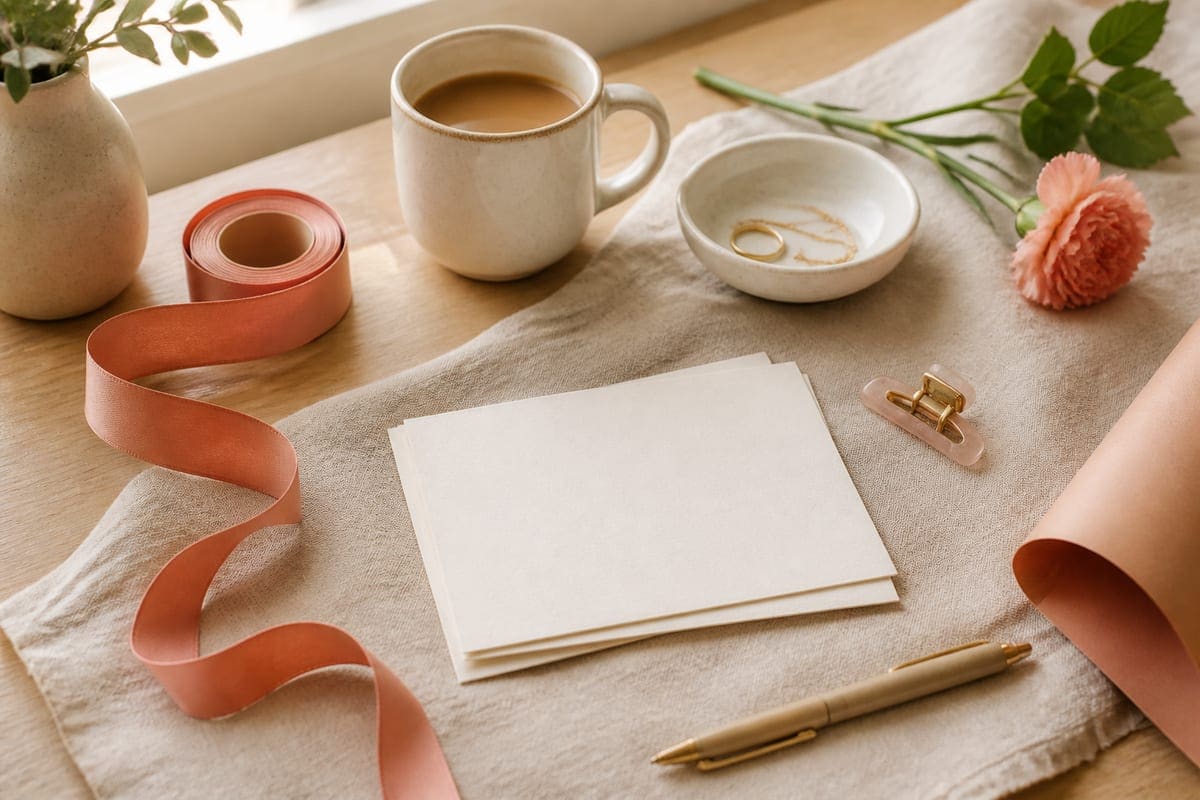 A thoughtful gift-planning desk with blank checklist cards, measuring ribbon, jewelry tray, a flower stem, and coffee for 15 Most Asked Question When It Comes To Buying A Gift For Your Girlfriend.