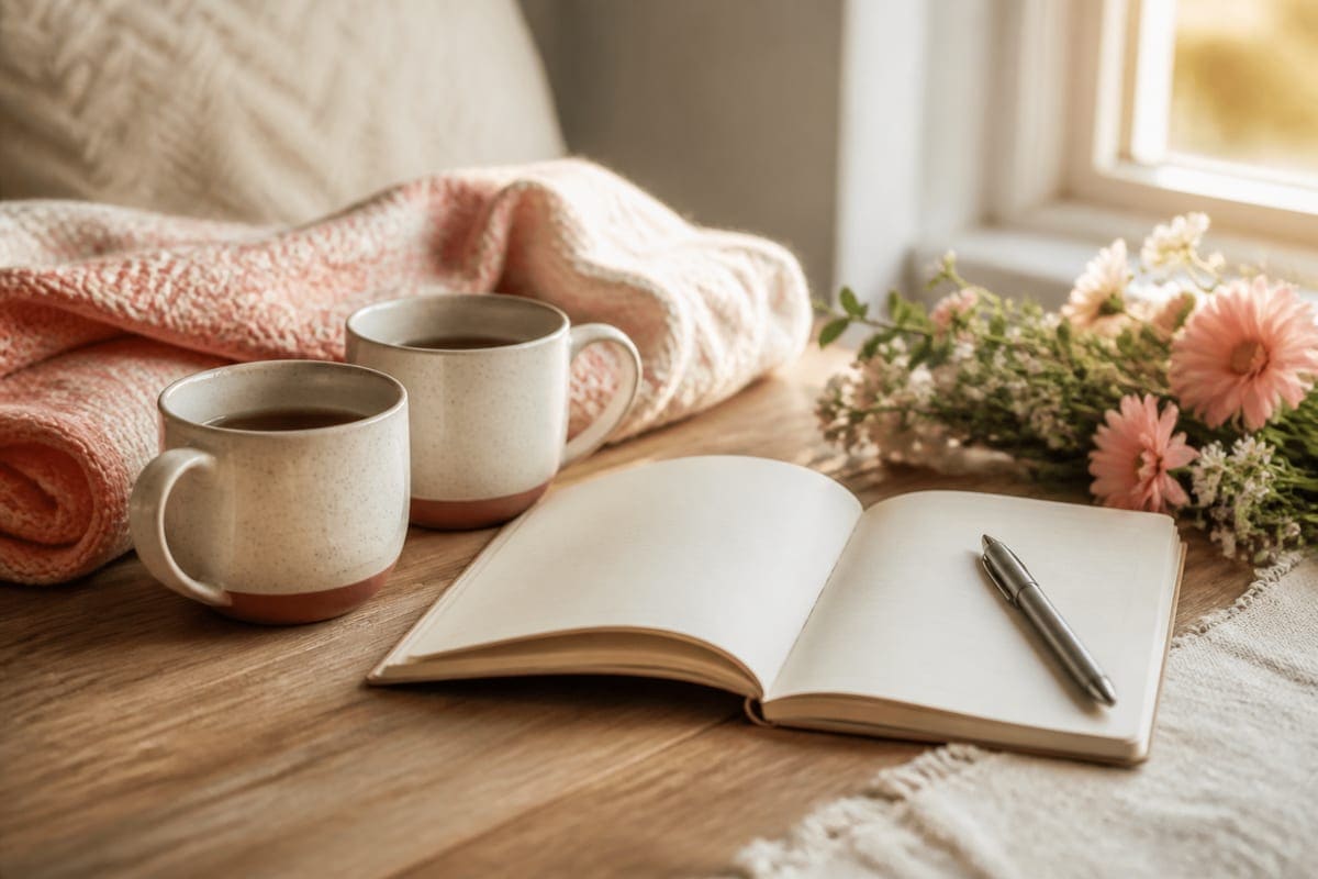 A warm relationship-care scene with two mugs, a journal, flowers, and soft evening light for 16 Things You Should Know About Girlfriend.