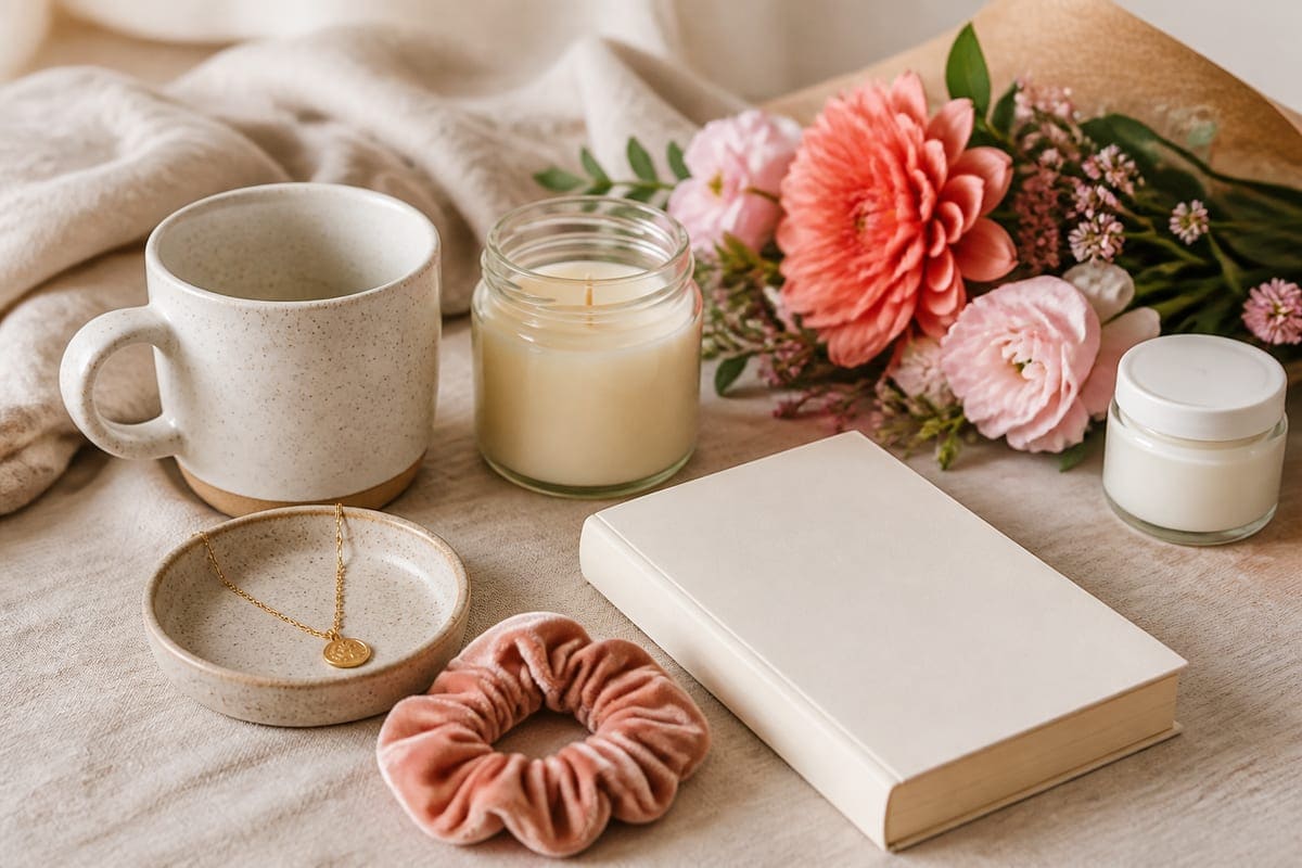An affordable but polished gift edit with a ceramic mug, candle, paperback, scrunchie, simple necklace, and fresh flowers for 18 Inexpensive Gift Ideas For Your Girlfriend 2019.