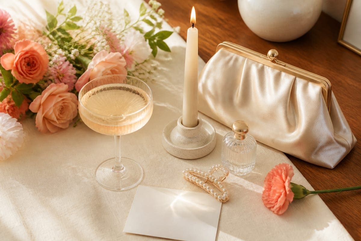 An elevated birthday still life with a coupe glass, pearl hair clip, mini perfume bottle without label, satin clutch, flowers, and a single slim candle for 21 Birthday Gifts For Her 21st Birthday.
