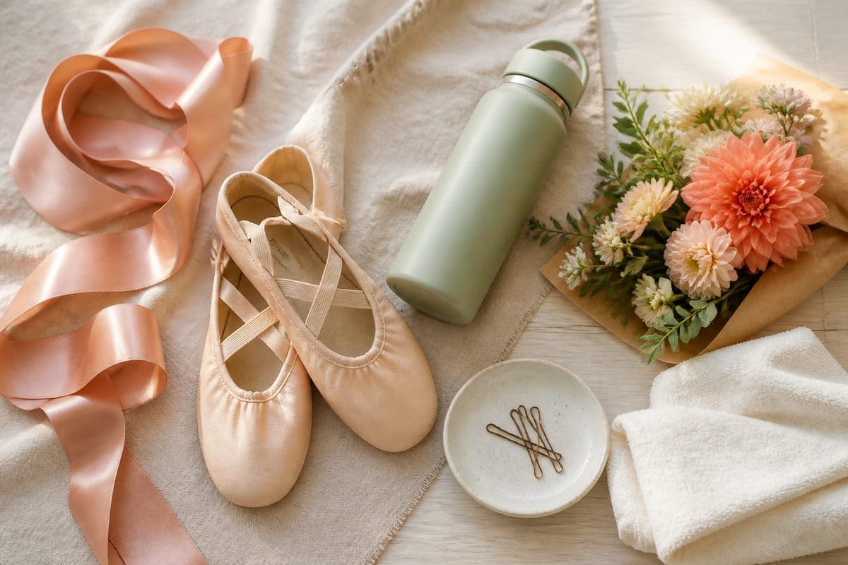 Dance-inspired accessories with satin ribbons, soft shoes, a water bottle, and fresh flowers for 22 Amazing Gift Ideas For Your Dancing Girlfriend.