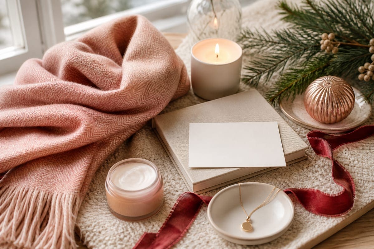 Occasion-themed thoughtful items arranged with flowers, stationery, and elegant wrapping details for 50 Gift Ideas for Your Girlfriend This Christmas.