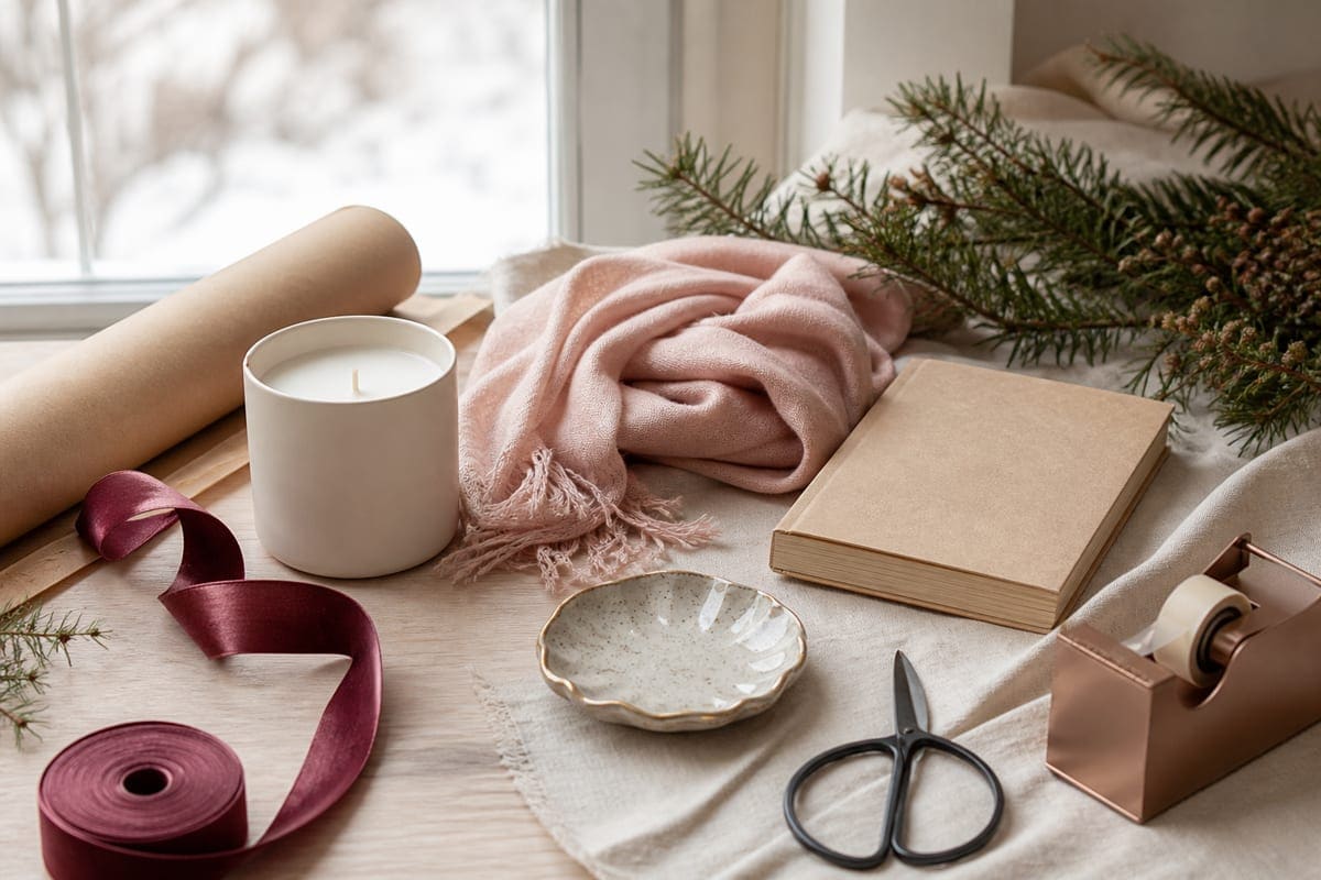 Occasion-themed thoughtful items arranged with flowers, stationery, and elegant wrapping details for 50 Last Minute Christmas Gift Ideas for Your Girlfriend 2019.