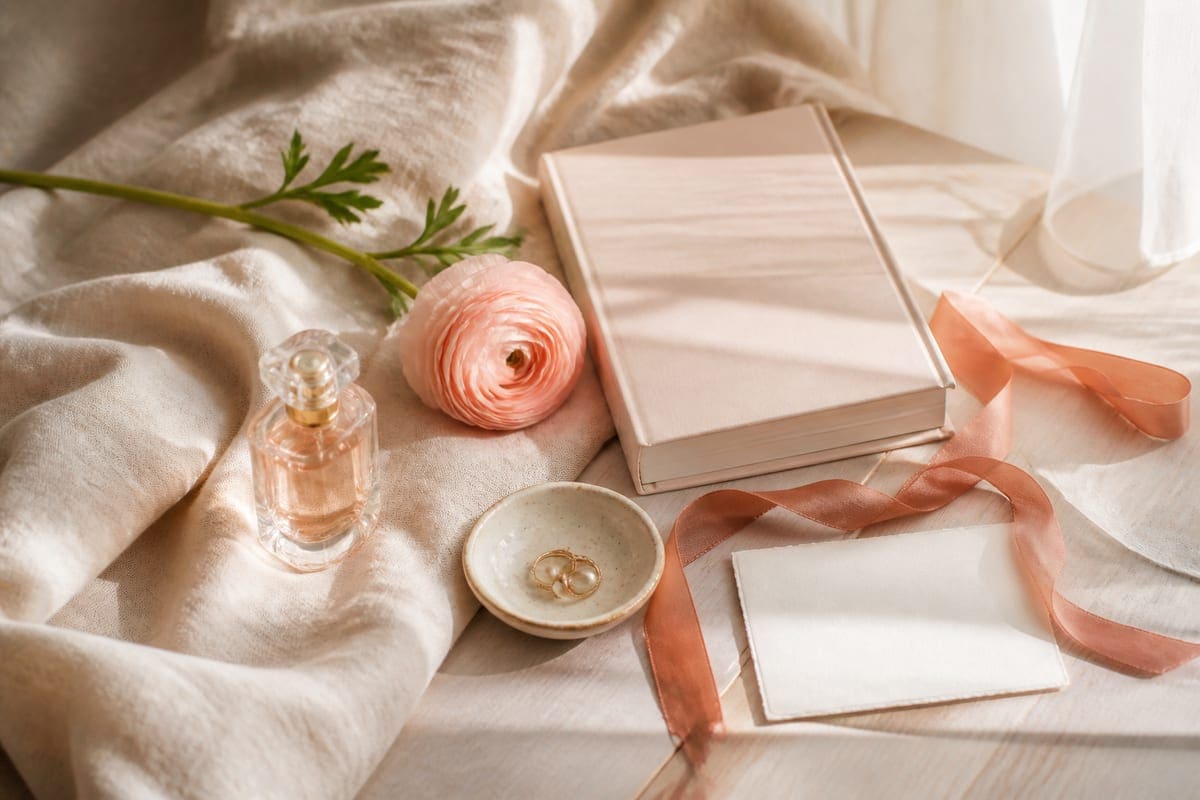A romantic surprise gift edit with mini perfume without label, a blank-cover book, small accessory, flower, blank note, and ribbon for 9 Surprising Gift Ideas for Your Loving Girlfriend.