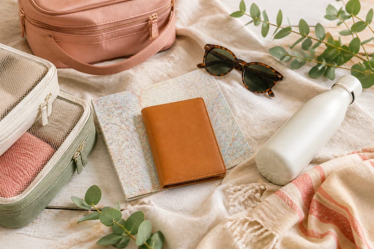 Travel and outdoor essentials with a map, compact bag, and natural greenery for Amazing Gift Ideas If Your Girlfriend Likes To Travel.