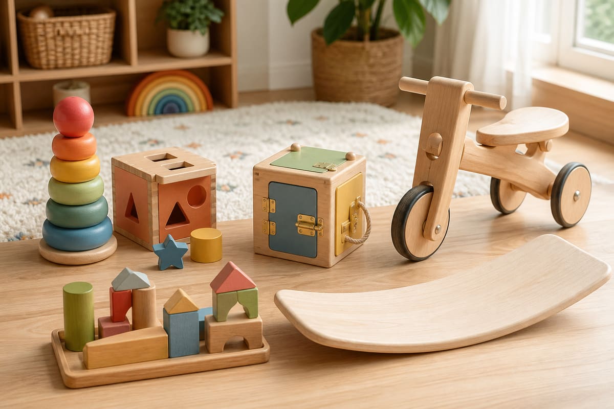Wooden toy gift setup with stacking rings, lock box, ride-on bike, balance board, shape sorter, and wooden blocks.