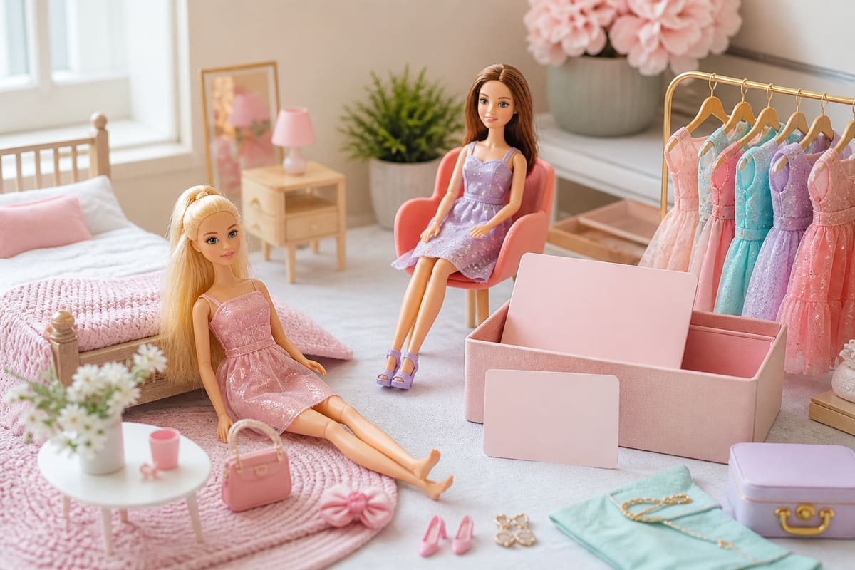 Fashion doll gift setup with dolls, miniature dollhouse furniture, tiny outfits, toy accessories, and blank gift card.