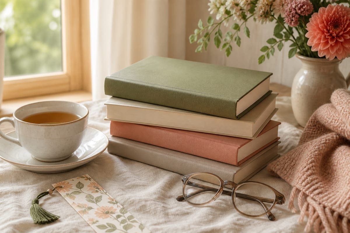 A small stack of books with tea, bookmark, and soft flowers for Best Book Gifts for Your Girlfriend.