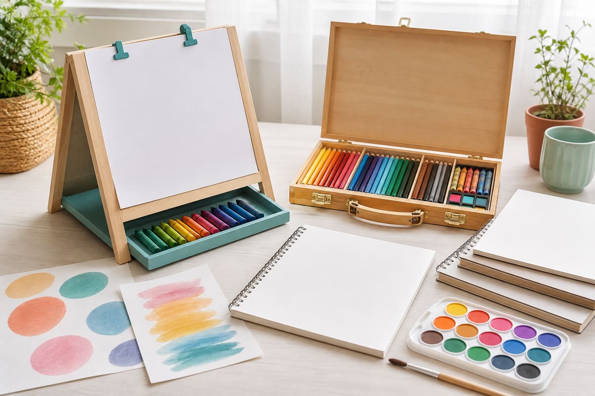 Kids drawing gift table with mini easel, colored pencils, crayons, watercolor set, sketchbooks, and wooden art case.