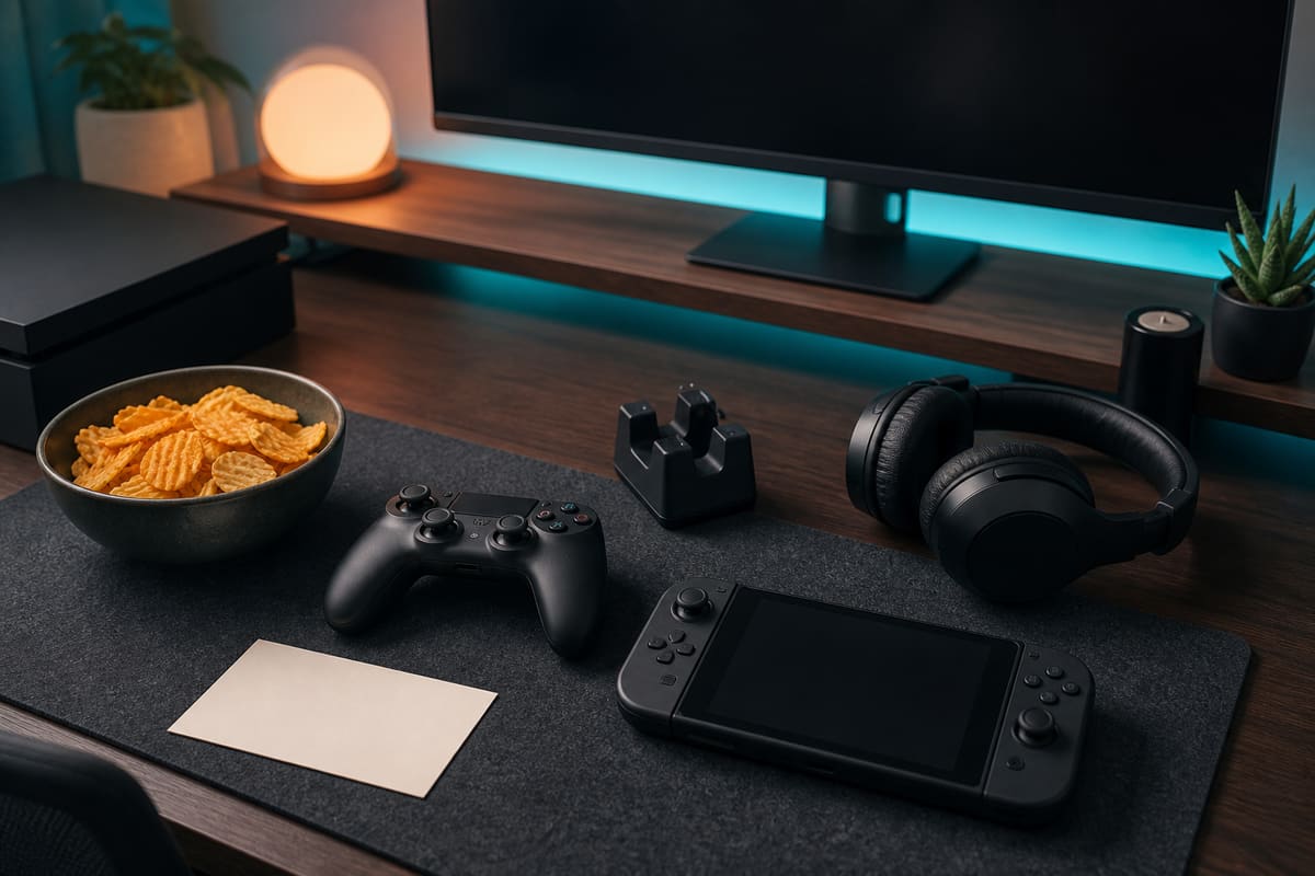 Gaming gift setup with controller, charging dock, headset, handheld console, desk mat, snack bowl, and blank note.