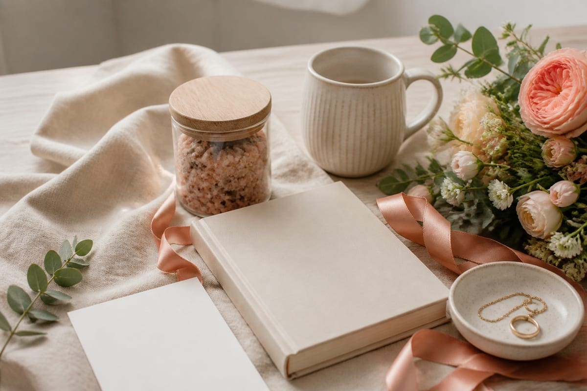 A thoughtful girlfriend gift edit with self-care jar without label, a blank-cover book, flowers, a small accessory, and a blank note for Best Gifts to Make your Girlfriend Happy and Satisfied.