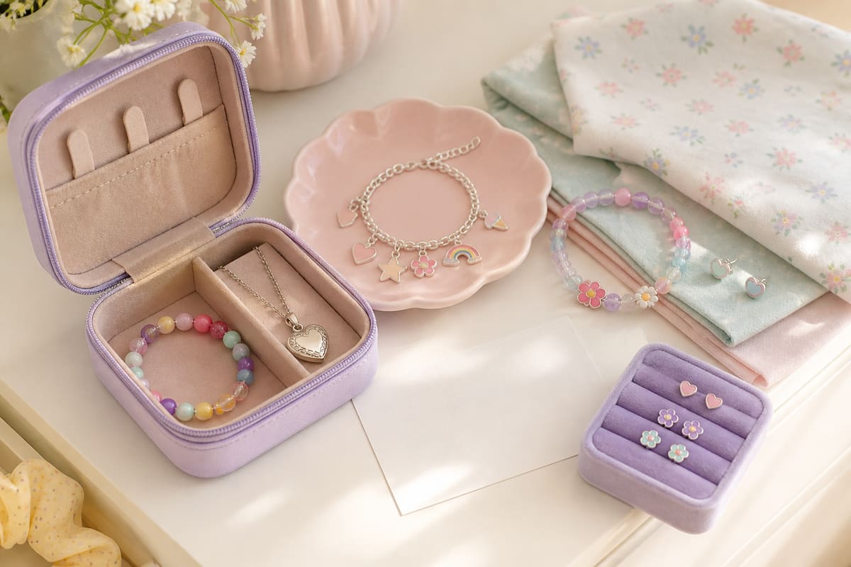 Child-appropriate jewelry gift display with charm bracelet, stud earrings, locket, bead bracelet, pastel jewelry box, and blank card.