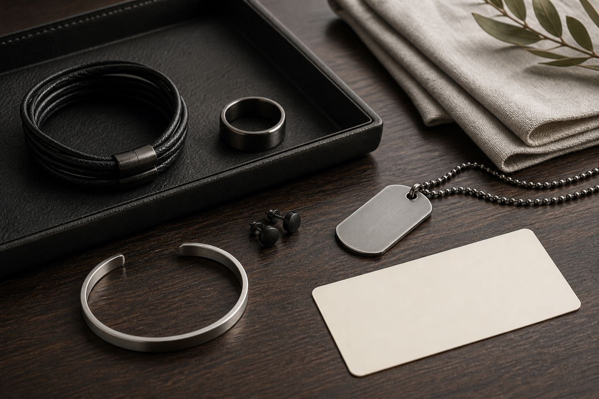 Men's jewelry gift flat lay with leather bracelet, ring, stud earrings, dog-tag pendant, cuff bracelet, and blank gift card.