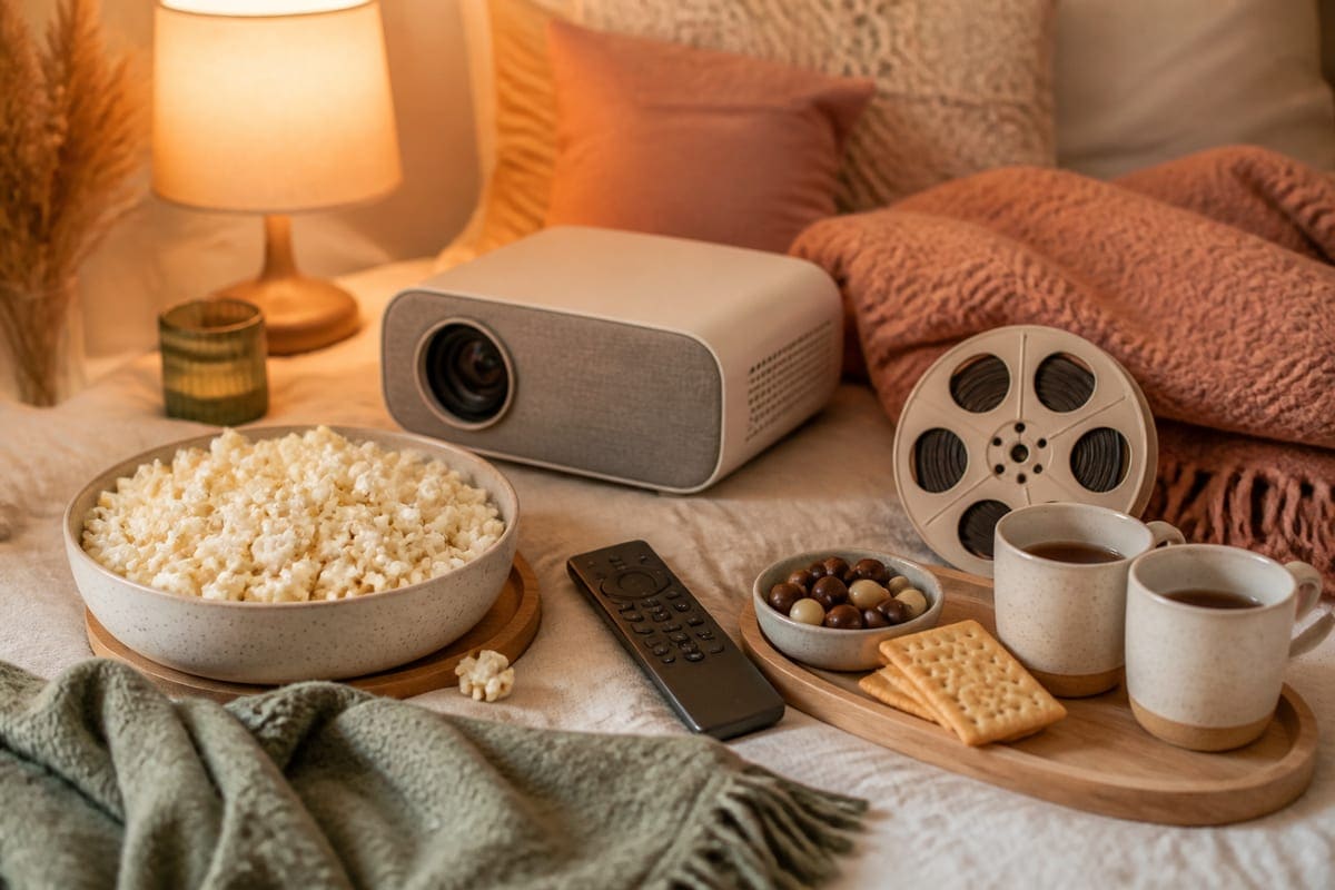 A cozy movie night scene with a bowl, remote, blanket, and warm lamp glow for Best Movie Gifts for Your Girlfriend.